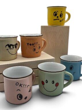 Set of 6 Mini Ceramic Espresso Cups Colorful Funny Face Mugs Kawaii Coffee Cups